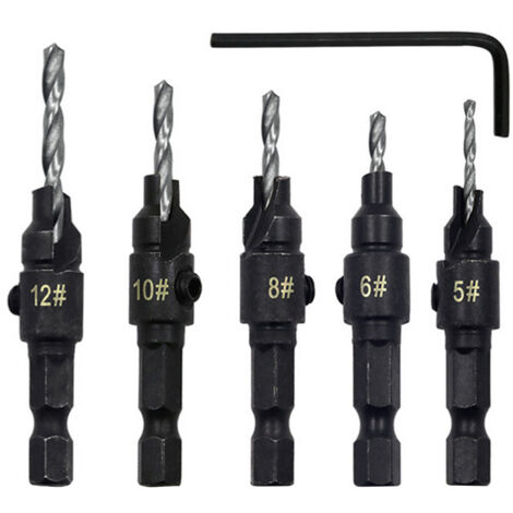 Brocas avellanadoras de vástago hexagonal de 6,35 mm + 1 llave hexagonal para agujeros de tornillos para metal y madera.