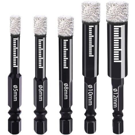 Brocas de diamante de 5 mm, 6 mm, 8 mm, 10 mm y 12 mm con vástago hexagonal para cerámica, granito, vidrio, porcelana, azulejos, amoladoras angulares y taladros manuales.