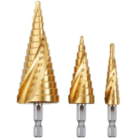 Brocas escalonadas HSS de 3 piezas, 4-12/20/32 mm, de titanio, cónicas triangulares, con vástago hexagonal, para taladrar con destornillador en acero, latón, madera y plástico.
