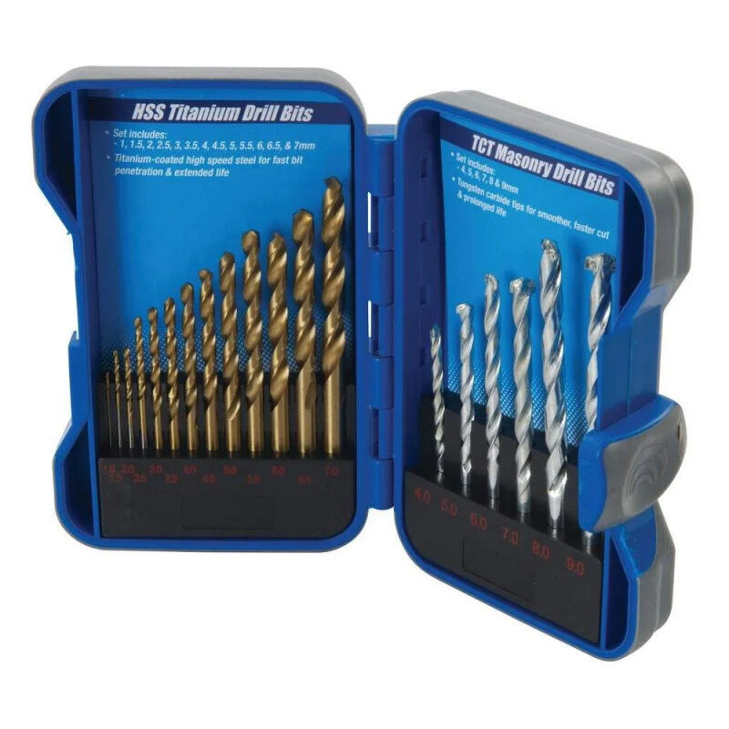 

19 brocas de acero de titanio HSS, caja de tetones de albañilería