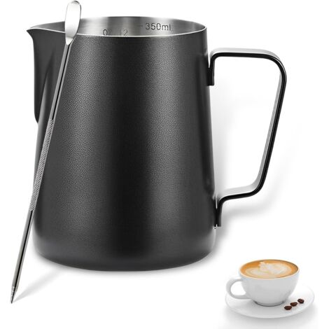 Brocca per latte in acciaio inossidabile, bricco per latte da barista, bricco per schiuma di latte in acciaio inossidabile per caffè, cappuccino e latte (nero, 350 ml)