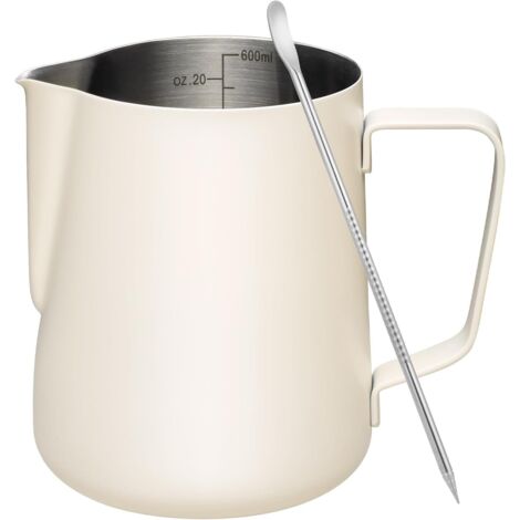 Brocca per latte in acciaio inossidabile, brocca per latte da barista, brocca per schiuma di latte in acciaio inossidabile per caffè, schiuma di latte, cappuccino e latte (bianco 20 oz/600 ml)