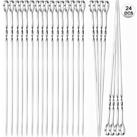 Brochetas de acero inoxidable para barbacoa, 24 piezas, 35 cm, con organizador. Brochetas metálicas planas para carne y verduras a la barbacoa.