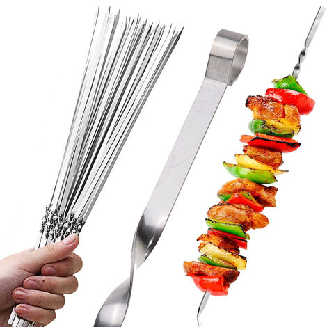 Brochettes de Barbecue en acier inoxydable, réutilisables, Shish Kebab, Camping, fourchettes plates, Gadgets, accessoires de cuisine, 10 pièces