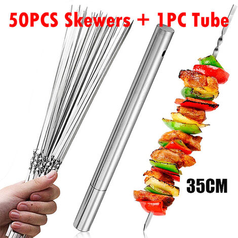 Brochettes pour Barbecue avec Tube de rangement, batonnets d&39aiguille réutilisables en acier inoxydable, Gadgets, accessoires de cuisine en plein air,50pcs with tube