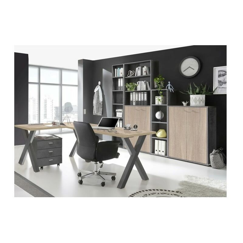 Büromöbel Mister Office in Graphit Eiche Sägerau 6 teiliges Komplett Set mit Eckschreibtisch Schreibtisch Rollcontainer Schreibtisch Rollcontainer
