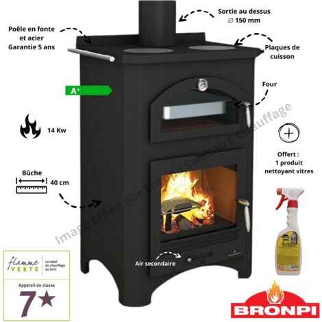 Bronpi – Poêle à bois 14 kW avec four – Bûches jusqu'à 50 cm – Évacuation des fumées 150 mm – Rendement 85% – Fonte et acier