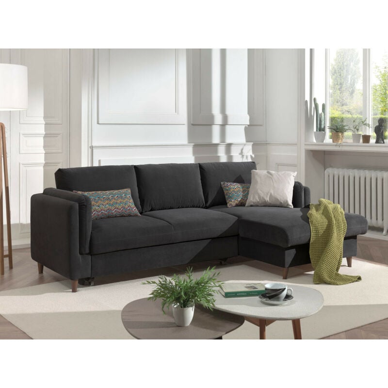 Lisa Design - Brooke - canapé d'angle droit - convertible avec coffre - 4 places - en velours - gris foncé