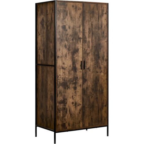 Brooklyn 2 Door Wardrobe Wooden Hanging Clothes Rail Storage Bedroom Furniture, Dark-Wood