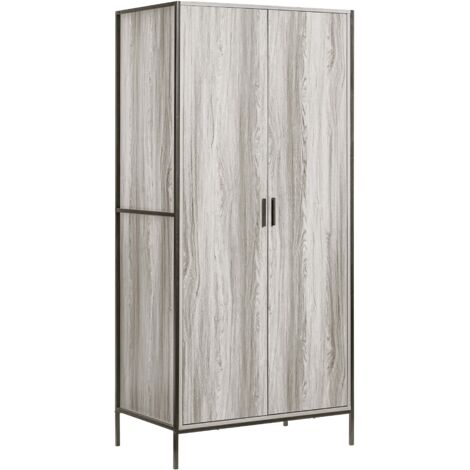 Brooklyn 2 Door Wardrobe Wooden Hanging Clothes Rail Storage Bedroom Furniture, Grey