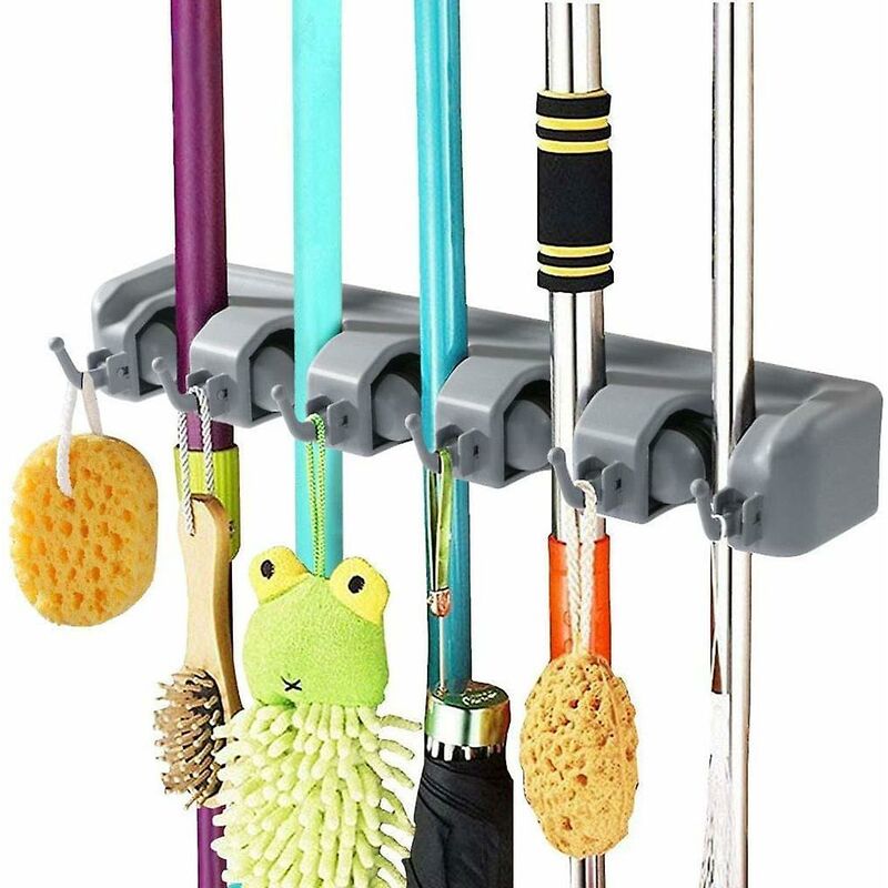 Broom Holder, Broom Holder With 6 Hooks And 5 Quick Release Clips