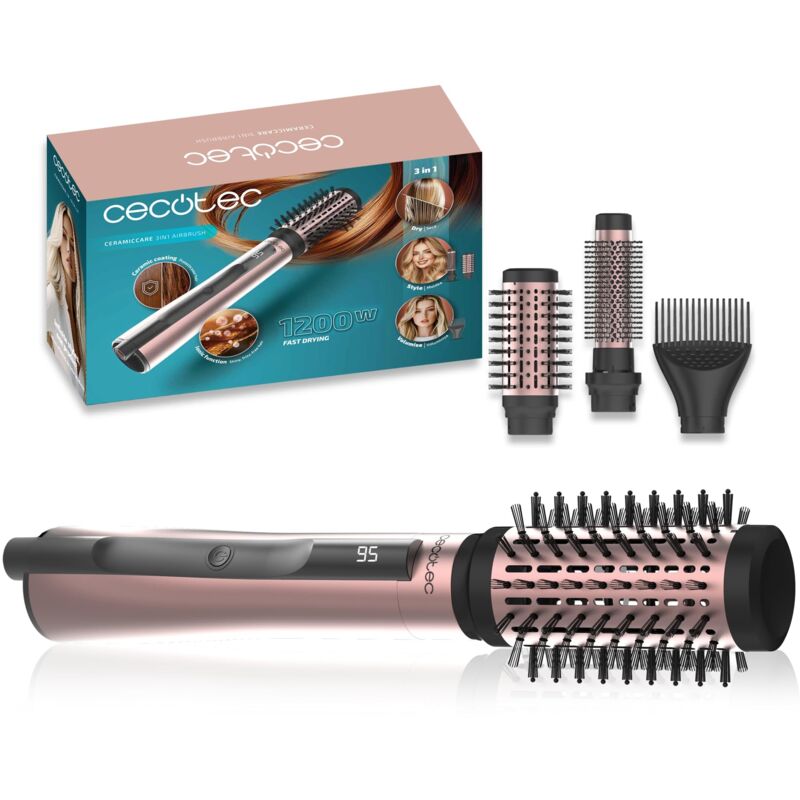Cecotec Cepillo de Aire con Función Iónica 3 Cabezales CeramicCare 3in1 AirBrush. 1200W, Seca, Moldea y Da Volumen, Pantalla
