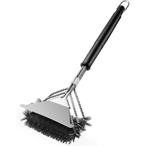 Brosse à barbecue, brosse de nettoyage à 3 branches en acier inoxydable, brosse avec grattoir en polypropylène, isolation thermique, poignée, nettoyage efficace pour grilles