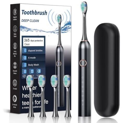 Brosse à Dent Électrique Soniques,Avec 4 Têtes de Brossage,6 Modes, Minuterie Intégrée de 2 Minutes,Rappel de 30 Secondes,Étui de Voyage Inclus,IPX7,Homme/Femme (Black)