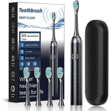KZQ Brosse à Dent Électrique Soniques,Avec 4 Têtes de Brossage,6 Modes, Minuterie Intégrée de 2 Minutes,Rappel de 30 Secondes,Étui de Voyage Inclus,IPX7,Homme/Femme (Black)
