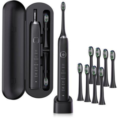 Brosse à Dent Électrique Soniques.Avec 8 Têtes de Brossage.5 Modes. Minuterie Intégrée de 2 Minutes.Rappel de 30 Secondes.Étui de Voyage Inclus.IPX7.Homme/Femme (Noir)