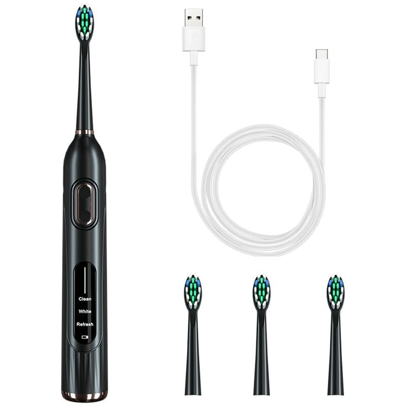 Brosse à dents électrique, 36000 oscillations / min, 3 modes, résistant à l'eau, conception ergonomique, 4 têtes incluses, noir