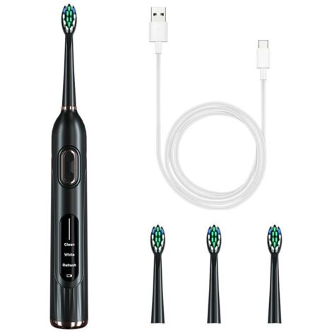 Brosse à dents électrique, 36000 oscillations / min, 3 modes, résistant à l'eau, conception ergonomique, 4 têtes incluses, noir