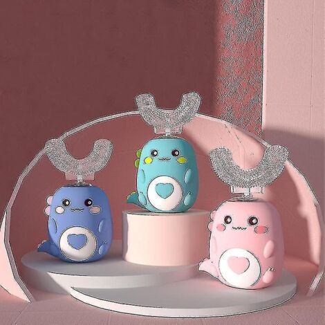 Brosse à dents électrique automatique pour enfants, rechargeable par USB, sonique, motif dinosaure mignon en forme de U - 7-13 ans - Bleu - Version améliorée