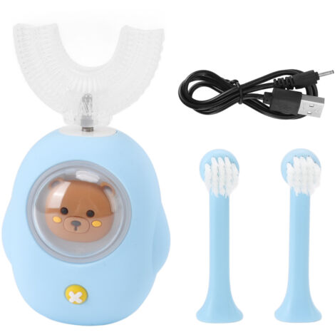 Brosse à dents électrique en U pour enfants, rechargeable USB, silicone alimentaire, fonction minuterie LED, étanche, bleue