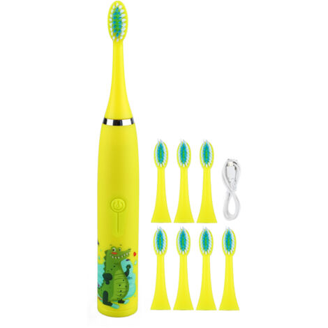 Brosse à dents électrique enfant 4 vitesses, 8 têtes de rechange, recharge USB, jaune