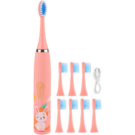 Brosse à dents électrique enfant 4 vitesses, 8 têtes de rechange, recharge USB, rose