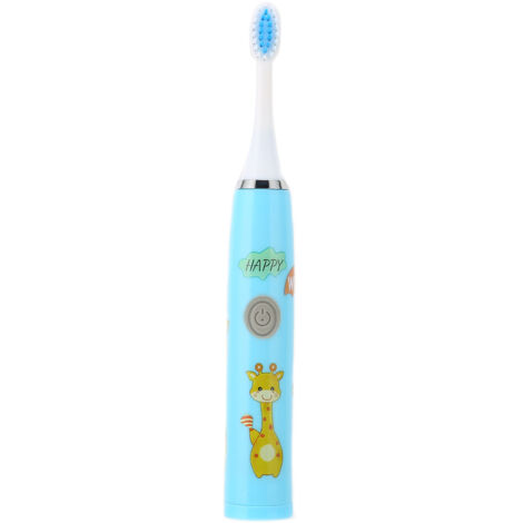 Brosse à dents électrique enfant avec motifs animés, piles incluses, poils souples, étanche, 1.5V, bleu