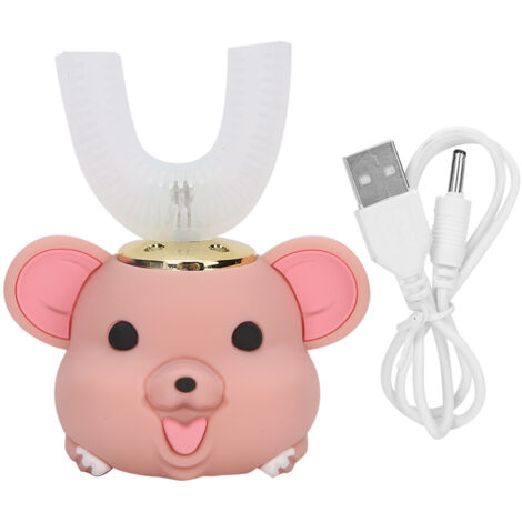 Brosse à dents électrique enfant en forme de U, tête en silicone à motif cartoon, rose pour 6-14 ans