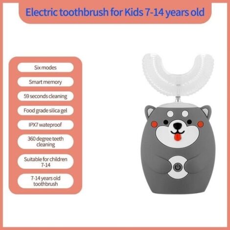 Brosse à Dents électrique Pour Enfants 7-14 Ans Brosses à Dents Automatiques IPX7 étanche Ultrasoniques Brosse en Forme de U, Gris