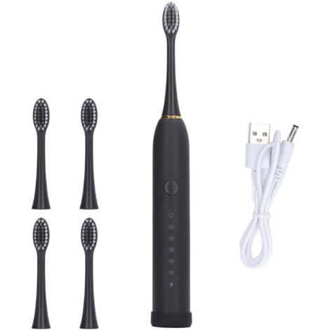 Brosse à dents électrique rechargeable 6 modes IPX7 étanche avec 4 têtes noire