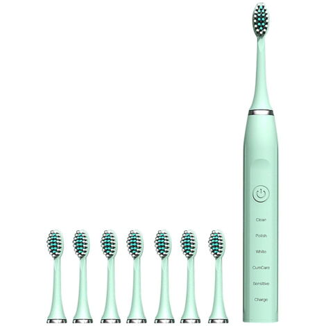 Brosse à Dents Électrique Rechargeable Verte avec 8 Têtes, 6 Modes de Nettoyage, Version Anglaise
