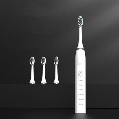 Brosse à dents électrique sans fil, avec 3 têtes de rechange, rechargeable et étanche, blanche