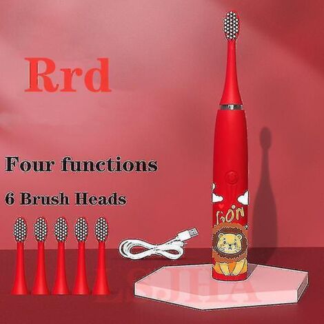 Brosse à dents électrique Sonic pour enfants de 3 à 12 ans : nettoyage des dents, soin buccal, élimination des bactéries, 6 têtes de brosse de rechange, chargement USB – Rouge