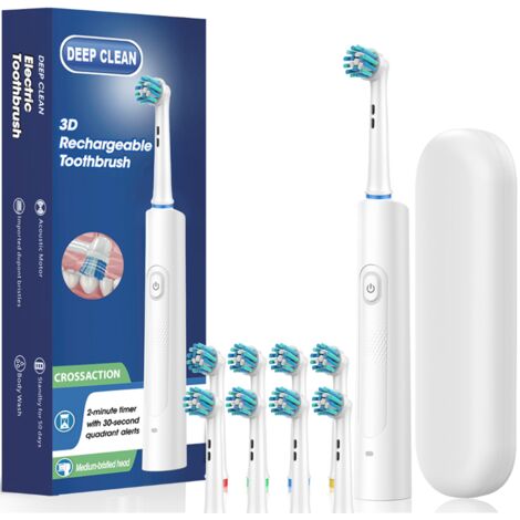 Brosse à dents électrique sonique 3D 8 têtes de brossage  étui de transport nettoyage profond Blanc