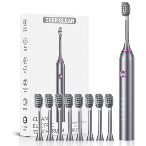 Brosse à dents électrique sonique 40000 vibrations 5 modes poils DuPont étanche, 8 têtes de remplacement Gris