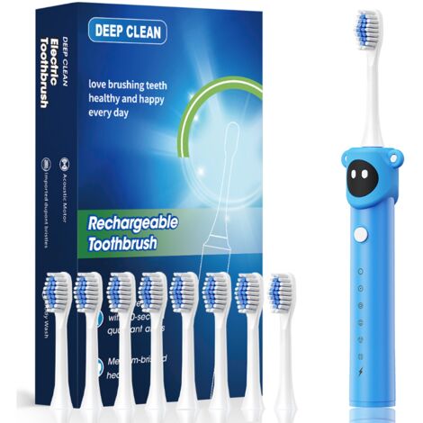 Brosse à dents électrique sonique enfant bleue 8 têtes de remplacement, poils DuPont souples, étanche Bleu