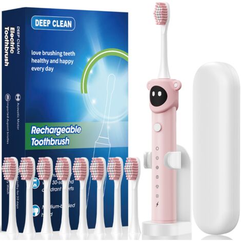 Brosse à dents électrique sonique enfant bleue 8 têtes de remplacement, poils DuPont souples, étanche Rose