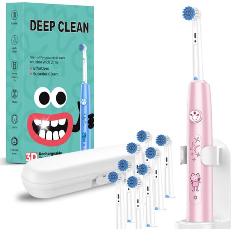 Brosse à dents électrique sonique enfant rose nettoyage profond 3D, 8 têtes étanche étui de transport Rose