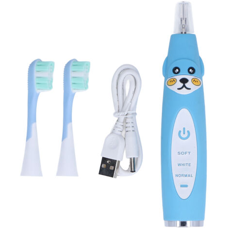Brosse à dents électrique sonique pour enfants, minuterie intelligente, forme cartoon, poils souples, étanche IPX7, recharge USB, pour enfants de 4 ans et plus, bleue
