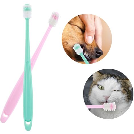 Brosse à dents pour chien à 360 degrés, 2 jeux de brosses à dents pour chat avec manche en silicone, avec boîte de rangement, chiot