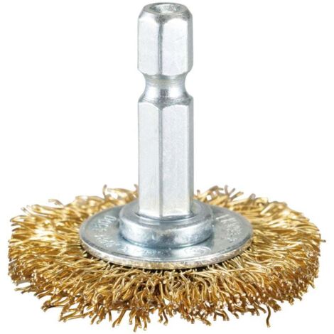 Brosse à disque, fine, fil de laiton, Ø 75 mm pour le métal et la pierre, brosse métallique pour perceuse, y compris tige hexagonale E6.3, pour dérouiller, décalaminer, rendre rugueux et nettoyer