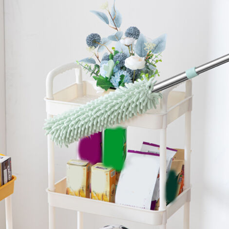 Brosse à manche telescopique en velours lavable avec tête détachable et bras en acier inoxydable pour nettoyer le lit et les bureaux, 62-95cm, vert clair