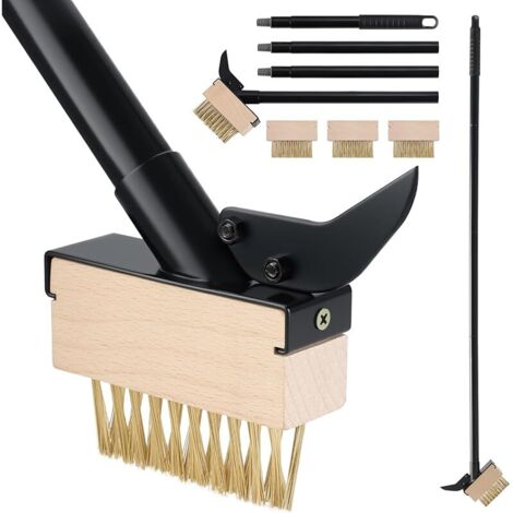 Brosse à Mauvaises Herbes avec Manche Long(128cm), Désherbeur Manuel, Outil de Jardin avec Brosse Métallique et Grattoir, Désherber, Élimine la Mousse sur Allées, Chemins et Pavés(4 Brosses)