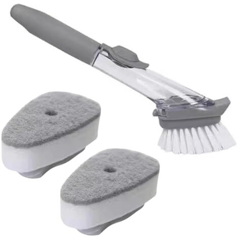Brosse à récurer avec distributeur de savon: 2 têtes de rechange incluses pour nettoyer casseroles, poêles et vaisselle.