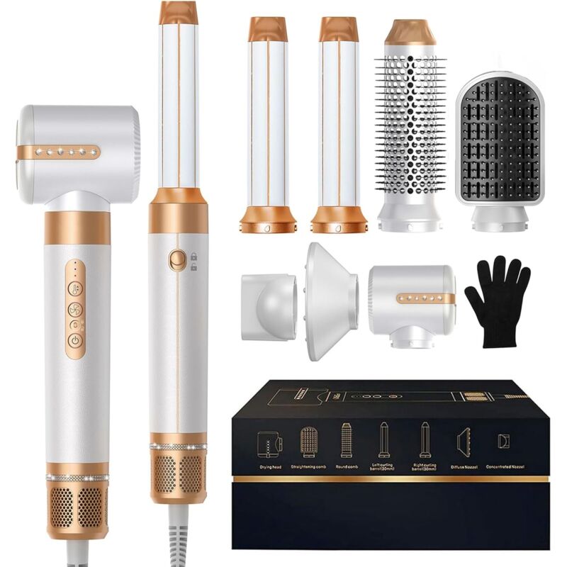 Brosse à sèche-cheveux 7 en ONE, Brosse à sèche-cheveux puissante avec boucle à air pour les cheveux, Brosse à sèche-cheveux avec diffuseur, Outils