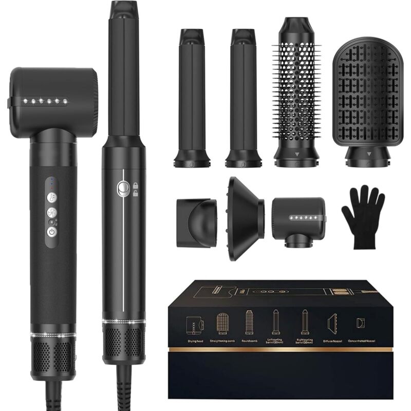 Brosse à sèche-cheveux 7 en ONE, Brosse à sèche-cheveux puissante avec boucle à air pour les cheveux, Brosse à sèche-cheveux avec diffuseur, Outils