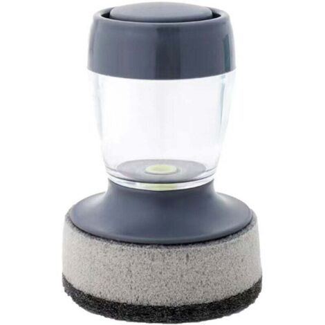 Brosse à vaisselle avec distributeur de savon, brosse à récurer de cuisine pour vaisselle, casseroles, poêles, éponge à récurer avec support (poignée grise et éponge à récurer)