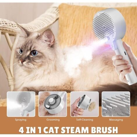 Brosse à vapeur 4 en 1 pour chats et chiens – Autonettoyante avec réservoir d'eau – Toilettage et massage pour animaux (Blanc)