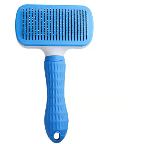 Brosse auto-nettoyante à picots fins bleue - Pour chien et chat - Élimine poils morts, masse la peau, manche confortable