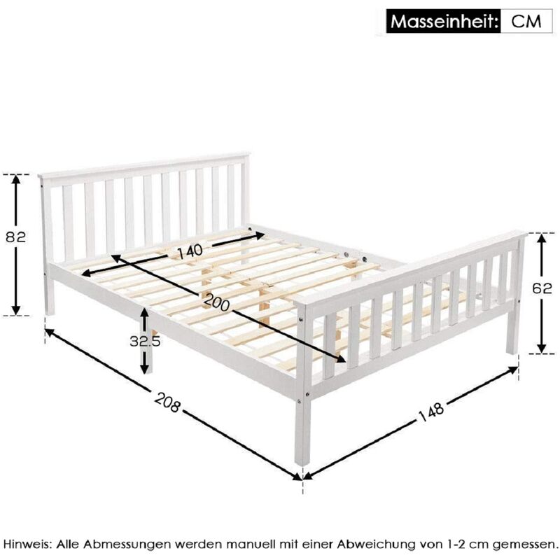 L&h-cfcahl - Lit pour adultes 140 x 200 cm Lit en bois massif avec sommier à lattes Lit en pin blanc l&h